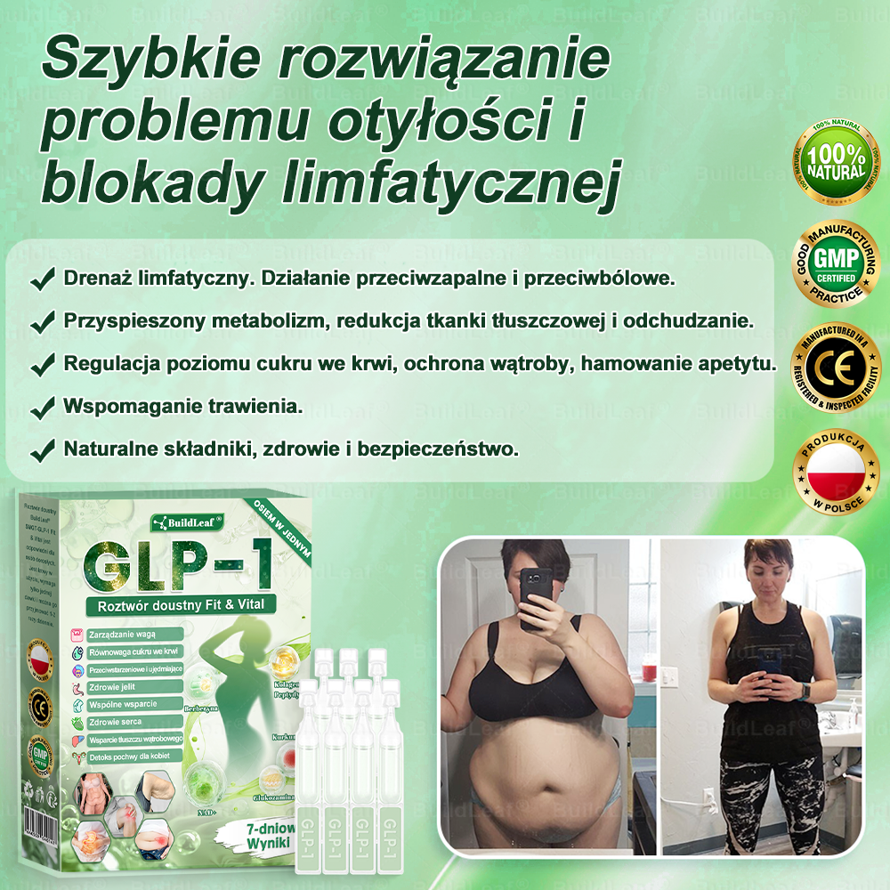Oficjalny sklep Polska | ☘️☘️BuildLeaf® GLP-1 8-w-1 Fit & Vital roztwór doustny (Jednorazowe dziennie, widoczne zmiany w ciągu 7 dni) ✅ Otyłość, zdrowie sercowo-naczyniowe, cukrzyca, bezdech senny, zdrowie jelit, problemy ze stawami i inne.