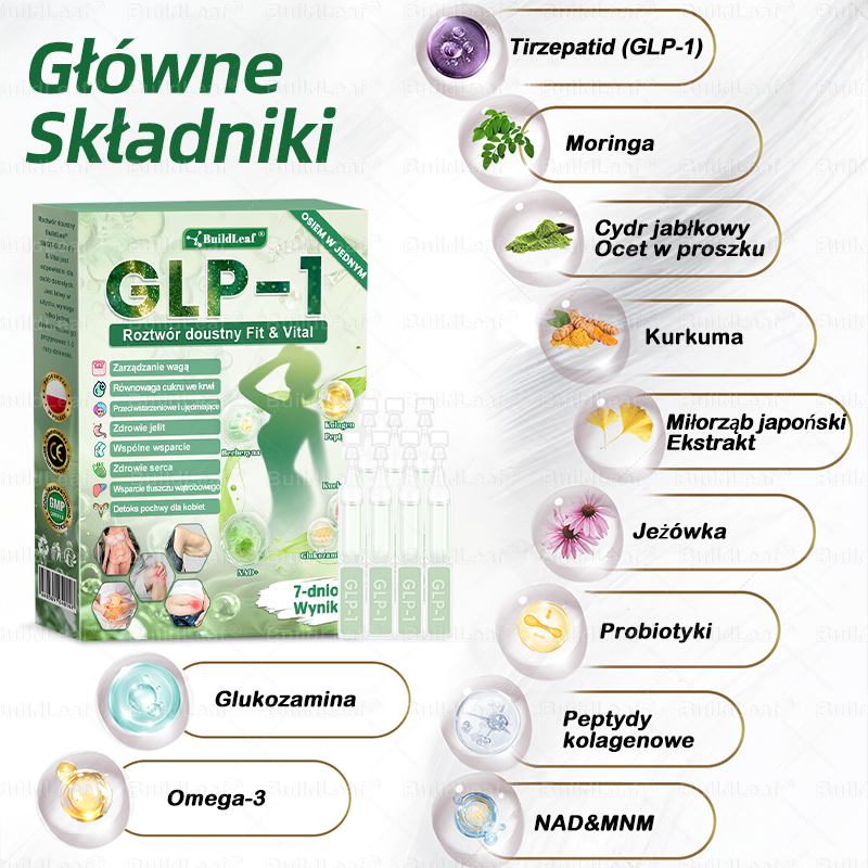 Oficjalny sklep Polska | ☘️☘️BuildLeaf® GLP-1 8-w-1 Fit & Vital roztwór doustny (Jednorazowe dziennie, widoczne zmiany w ciągu 7 dni) ✅ Otyłość, zdrowie sercowo-naczyniowe, cukrzyca, bezdech senny, zdrowie jelit, problemy ze stawami i inne.