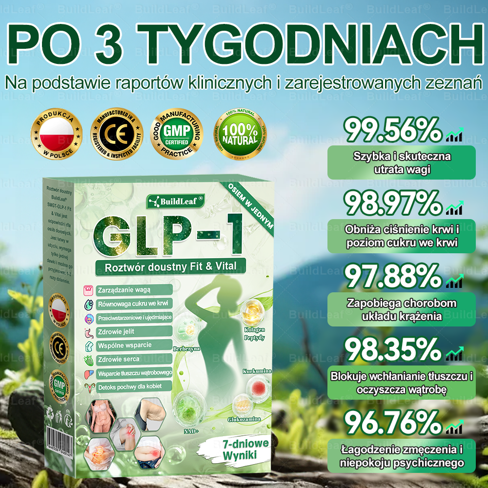 Oficjalny sklep Polska | ☘️☘️BuildLeaf® GLP-1 8-w-1 Fit & Vital roztwór doustny (Jednorazowe dziennie, widoczne zmiany w ciągu 7 dni) ✅ Otyłość, zdrowie sercowo-naczyniowe, cukrzyca, bezdech senny, zdrowie jelit, problemy ze stawami i inne.
